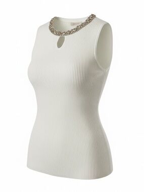 Elie Tahari Sleeveless Ribbed Knit Tank with Embellished Neckline - White